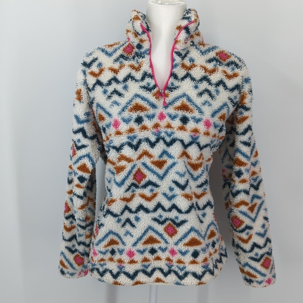 Eddie Bauer Pink Blue Aztec Tribal Sherpa Teddy 1/4 Zip Jacket Sweater X-Large